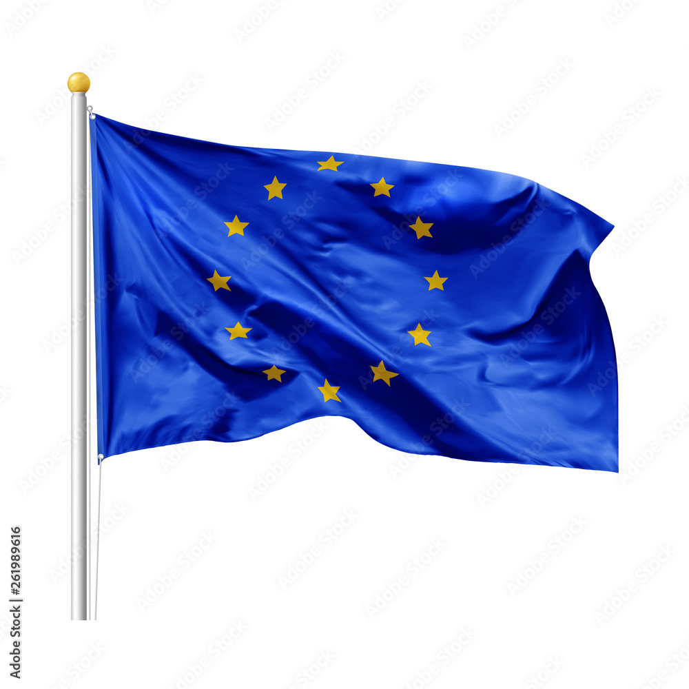 Flag of the European Union in the wind on flagpole, isolated on white background, vector Flag of the European Union in the wind on flagpole, isolated on white background, vector