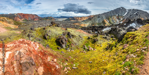 View of colorful rhyolite volcanic mountains Landmannalaugar and a hiking backpack and poles in Iceland