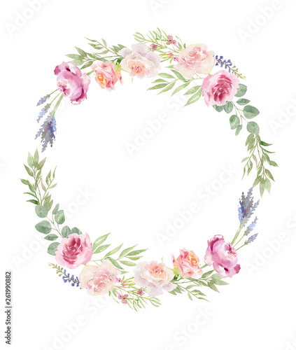 Arrangement wreath of hand painted watercolor leaves and flowers.