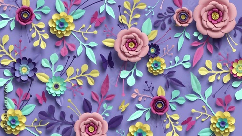 3d rendering, animation of frowing floral background, turning paper flowers, botanical pattern, papercraft, candy pastel colors, bright hue palette photo