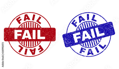 Grunge FAIL round stamp seals isolated on a white background. Round seals with grunge texture in red and blue colors. Vector rubber overlay of FAIL label inside circle form with stripes.
