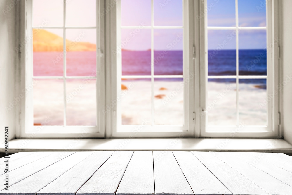 Fototapeta premium Desk of free space and summer window space 