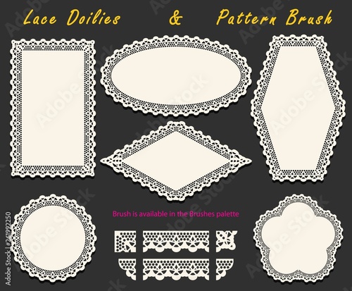 Set of Openwork White Lace pattern brush and various lacy napkins, doilies and tracery elements.