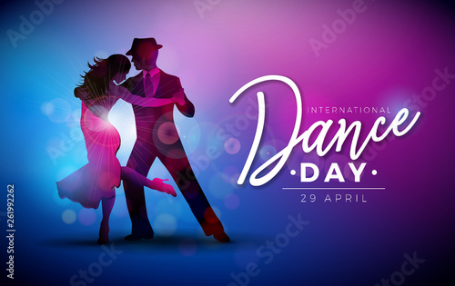 International Dance Day Vector Illustration with tango dancing couple on purple background Poster Mural XXL