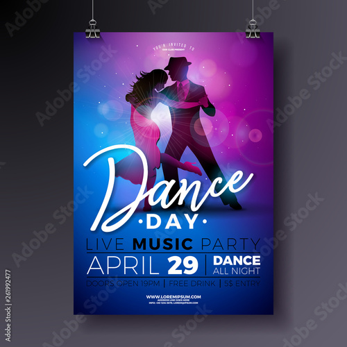 Dance Day Party Flyer design with couple dancing tango on shiny colorful background. Vector celebration poster illustration template for Ballroom Night.