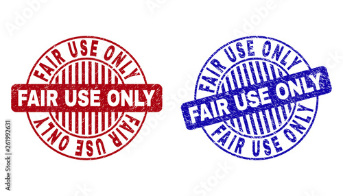 Grunge FAIR USE ONLY round stamp seals isolated on a white background. Round seals with grunge texture in red and blue colors.