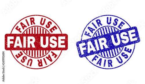 Grunge FAIR USE round stamp seals isolated on a white background. Round seals with grunge texture in red and blue colors. Vector rubber watermark of FAIR USE text inside circle form with stripes.
