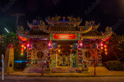 Traditional Chinese Temple with lights in the night on koh Samui, decorated for The new year