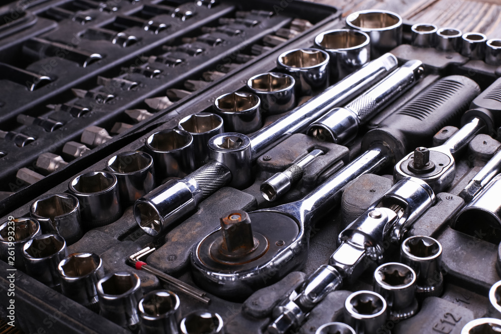 A set of tools in the box, organized workspace. A set of tools in the box, organized workspace.
