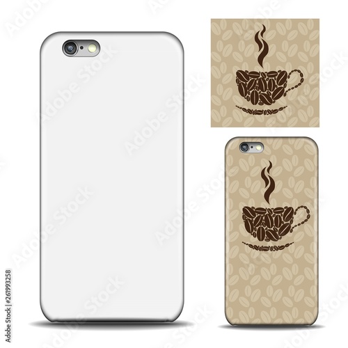 Phone cover design. Reverse side of smartphone. Concept pattern with coffee beans and Cup for design. Mock up with an example isolated on white background