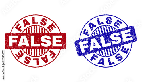 Grunge FALSE round stamp seals isolated on a white background. Round seals with grunge texture in red and blue colors. Vector rubber imprint of FALSE caption inside circle form with stripes.