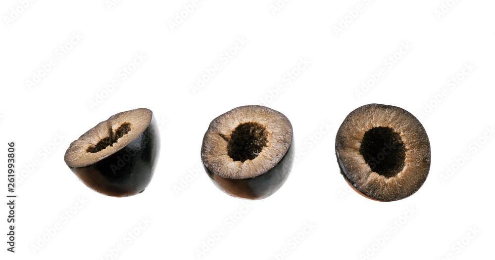 Set of black olives in a cut on a white background Set of black olives in a cut on a white background
