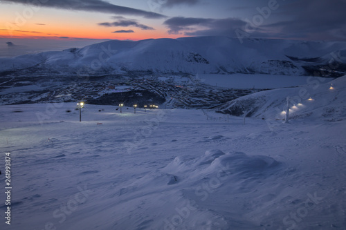 sunset in the ski resort of Bigwood, Kirovsk, Murmansk region, Russia