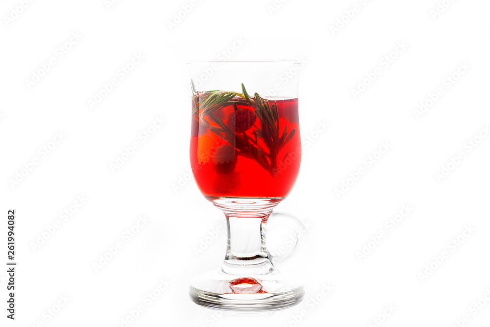 Hot raspberry beverage with rosemary. Selective focus. Shallow depth of field. Isolated on white background. Hot raspberry beverage with rosemary. Selective focus. Shallow depth of field. Isolated on white background.