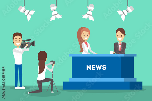 Shooting news show in the studio. Newscaster