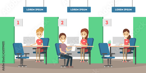 Bank office interior. People make financial operations