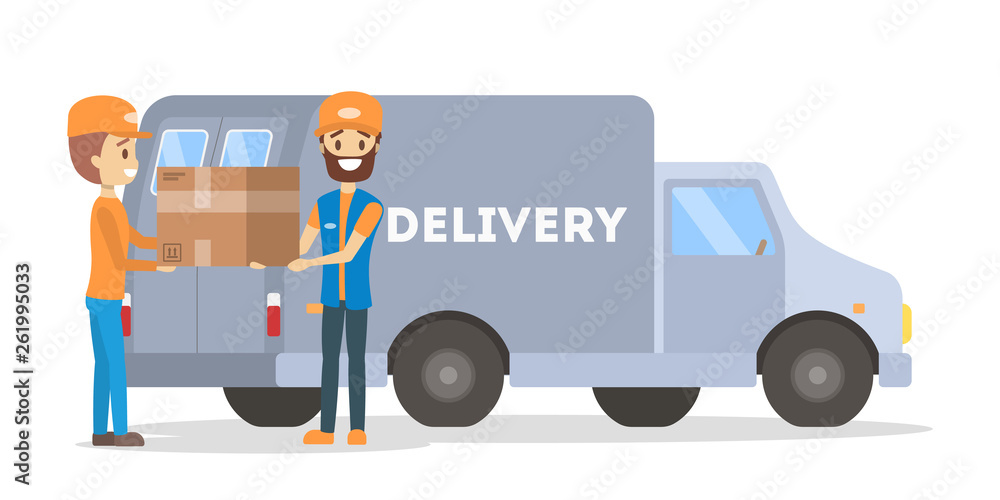 Courier standing with a box at the delivery car Courier standing with a box at the delivery car
