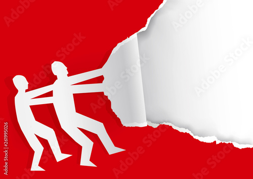 Two Men ripping red paper background.  Illustration of Paper silhouette of two men ripping red paper background with place for your text or image. Vector available.