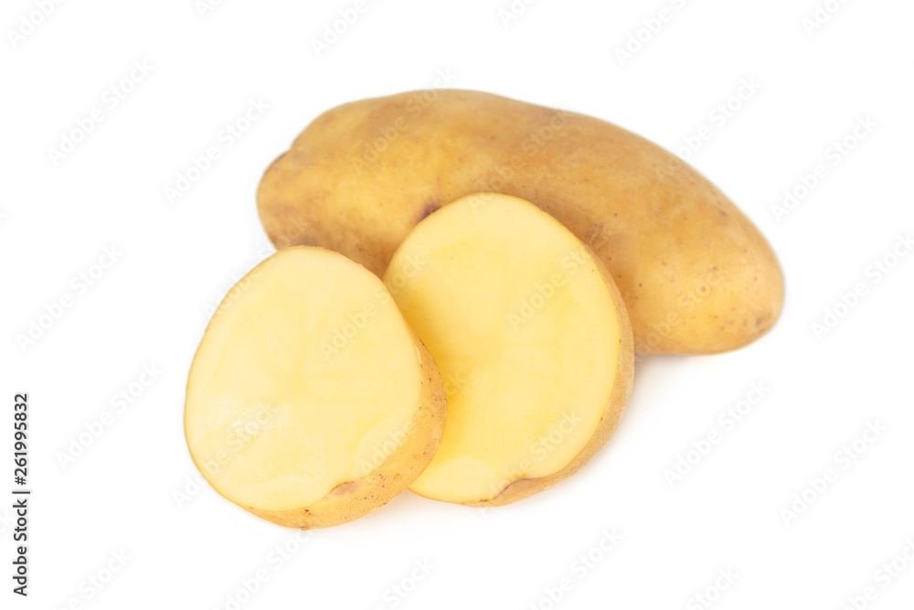 potato cut slice on white background.