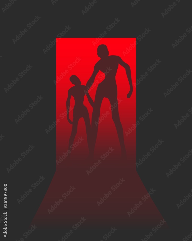 Zombie silhouette comes into the house through the open door. Shadows in dark room. Halloween theme background