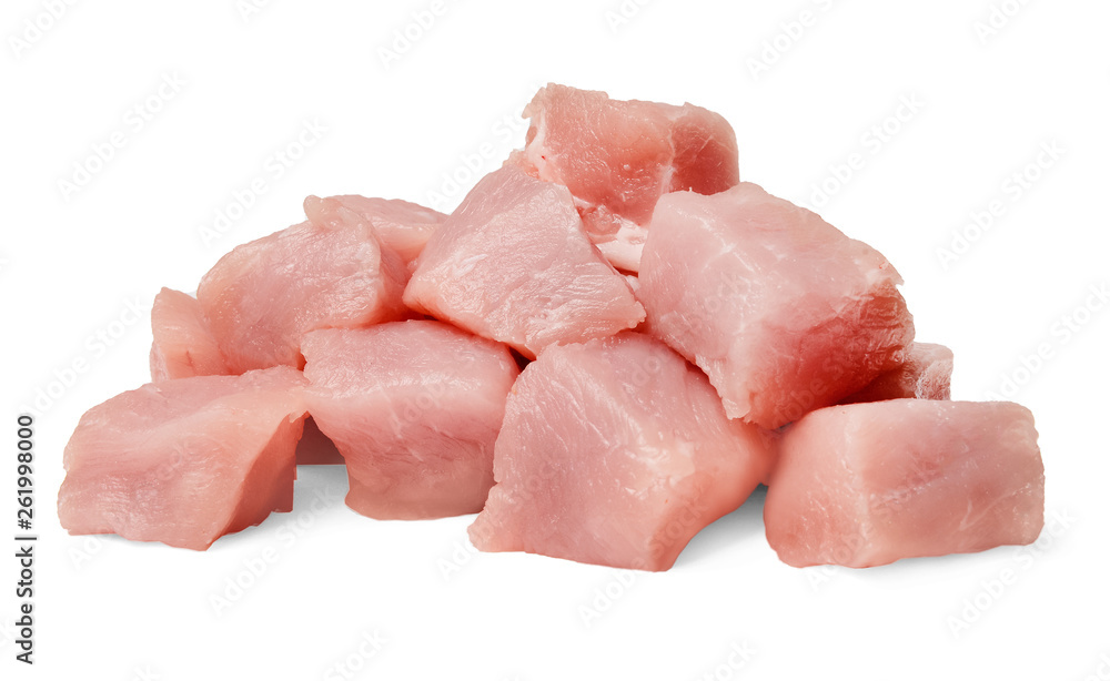 Fresh pork slices isolated on white. Close-up. Side view. Fresh pork slices isolated on white. Close-up. Side view.