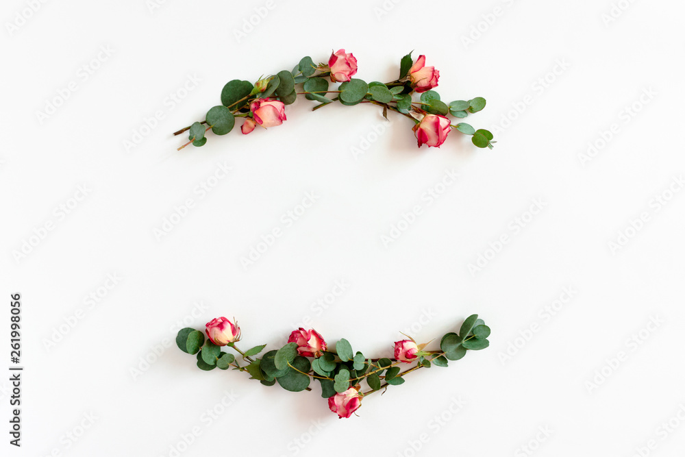 Border frame made of eucalyptus branches and pink roses Border frame made of eucalyptus branches and pink roses