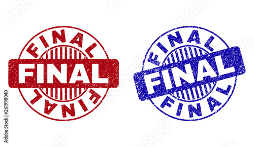 Grunge FINAL round stamp seals isolated on a white background. Round seals with grunge texture in red and blue colors. Vector rubber watermark of FINAL tag inside circle form with stripes.