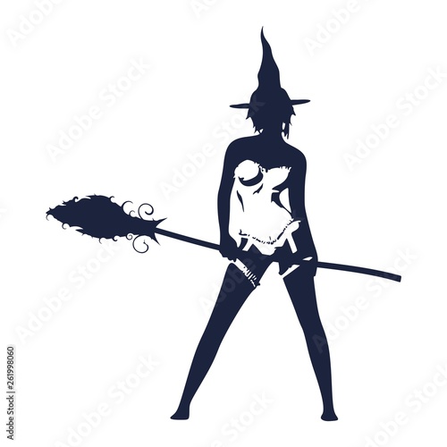 Illustration of standing young witch icon. Witch silhouette with a broomstick. Halloween relative image