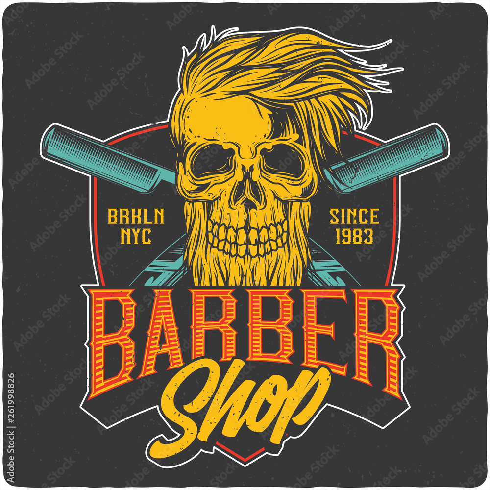 Vintage barber shop label with illustration of fashionable skull and  razors. Vector illustration. T-shirt or poster design. Stock-Vektorgrafik |  Adobe Stock