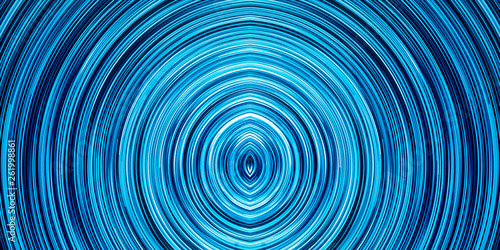 Long exposure motion glow. Blue neon led light lines swirl. Horizontal round abstract circle shape.