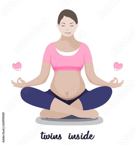 Pregnant mother relax in yoga lotus pose in multiple pregnancy isolated on white