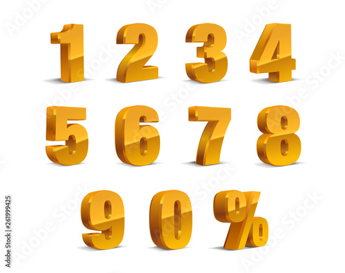 3D yellow gold Metallic Letter. 0, 1, 2, 3, 4, 5, 6, 7, 8, 9 numeral alphabet. Vector Isolated Number.	