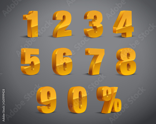 3D yellow gold Metallic Letter. 0, 1, 2, 3, 4, 5, 6, 7, 8, 9 numeral alphabet. Vector Isolated Number. 