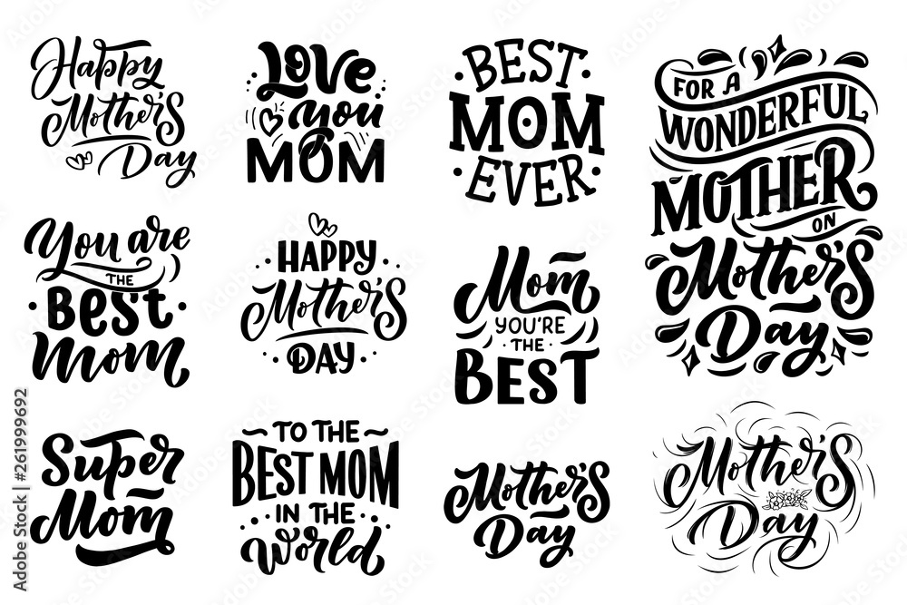 Set of Mother's day lettering for Gift card. Vintage Typography, great design for any purposes. Modern calligraphy banner template. Celebration quote. Handwritten text postcard. Vector illustration