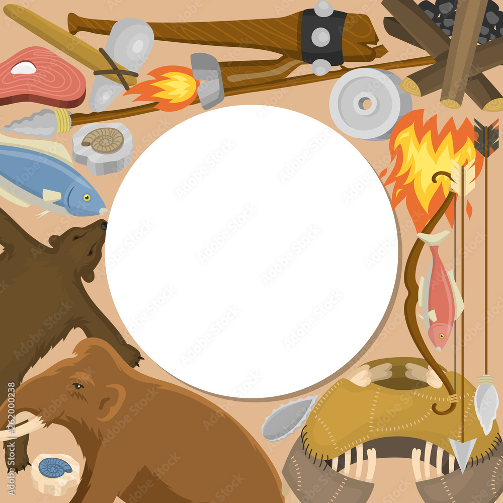 Fototapeta premium Stone age primitive prehistoric life round pattern vector illustration. Ancient tools and animals. Hunting weapons and household equipment. Neanderthals or homo sapiens. Fish and bear.