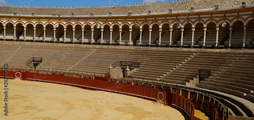 April 2019 Bullfighting arena (plaza de toros) in Seville, Real Maestranza de Caballeria de Sevilla, Spain.