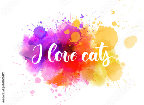 I love cats - handwritten lettering on watercolor background