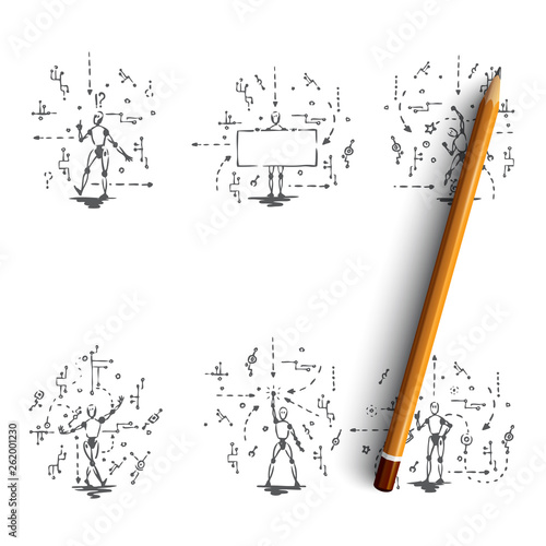 Android - robots with android scripts vector concept set