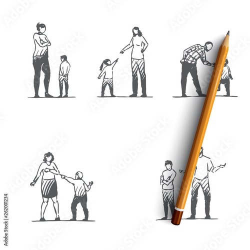 Angry people - angry women and men with children showing negative emotions vector concept sets