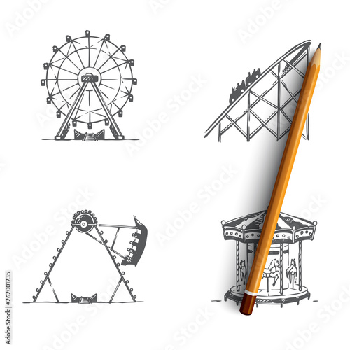 Attraction - swings and carousels attractions vector concept set