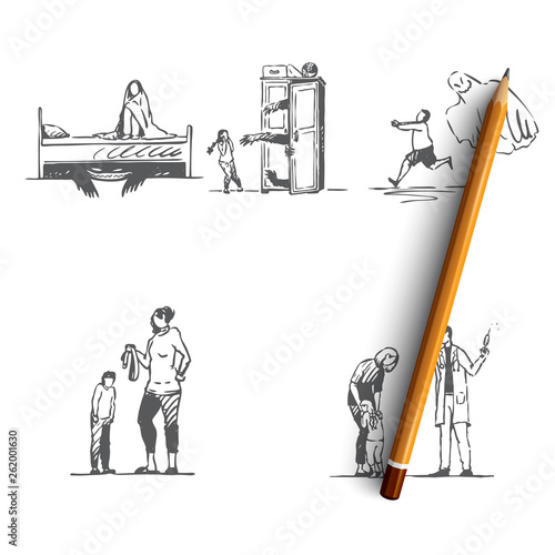 Childhood fears - children afraid of ghosts, doctor, werewolf and belt punishment vector concept set