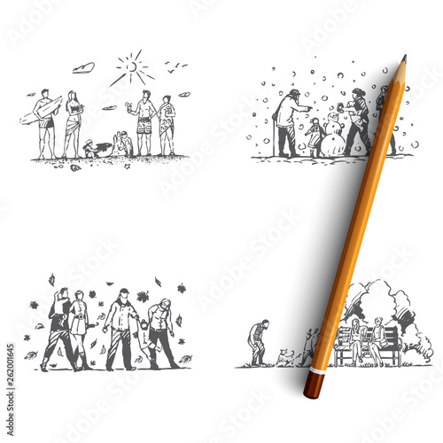 Family - family spending time together outdoors during all seasons of year vector concept set