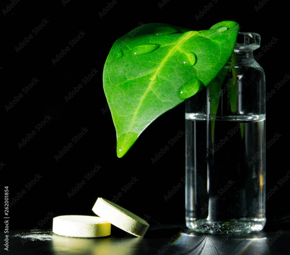 still life pills and a leaf in a glass still life pills and a leaf in a glass