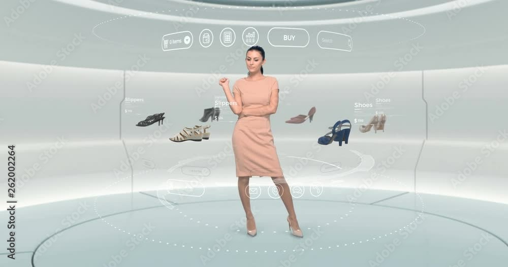 Virtual Reality Shop Online shopping concept. Woman operates HUD holographic user interface with products. Girl choosing shoes in internet web VR store.
