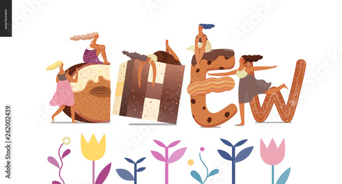 Dessert font - modern flat vector concept digital illustration of temptation font, sweet lettering and girls. Caramel, toffee, biscuit, waffle, cookie, cream and chocolate letters. Lettering Chew