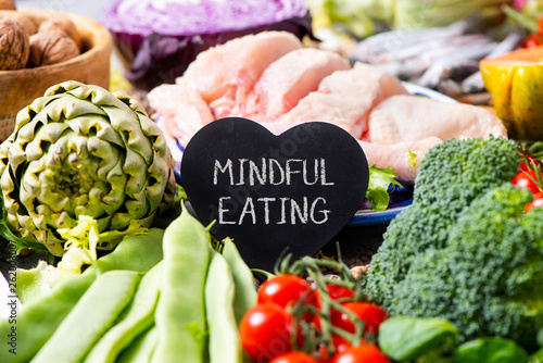 Obraz na plátně vegetables, chicken and text mindful eating