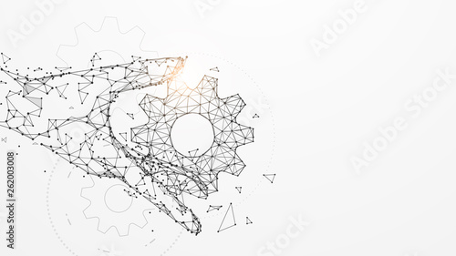 Hand holding gears from lines, triangles and particle style design. Illustration vector