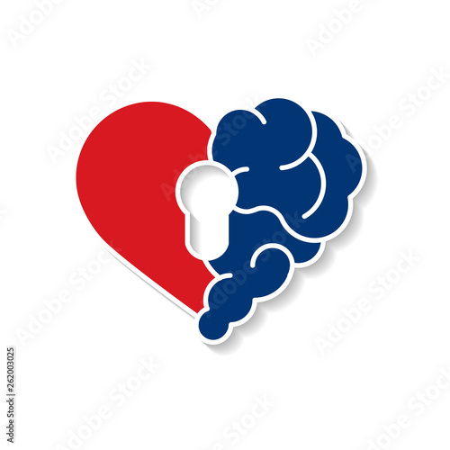 Emotional brain lock security. Broken Heart and Brain with key hall vector flat modern icon logo vector design. Interaction between soul key for intelligence, emotions, loneliness, divorce