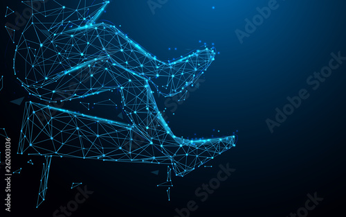 Close up, man jumping over obstacle from lines, triangles and particle style design. Illustration vector