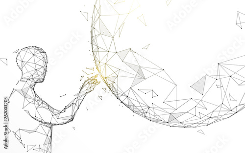 Man touching global from lines, triangles and particle style design. Illustration vector